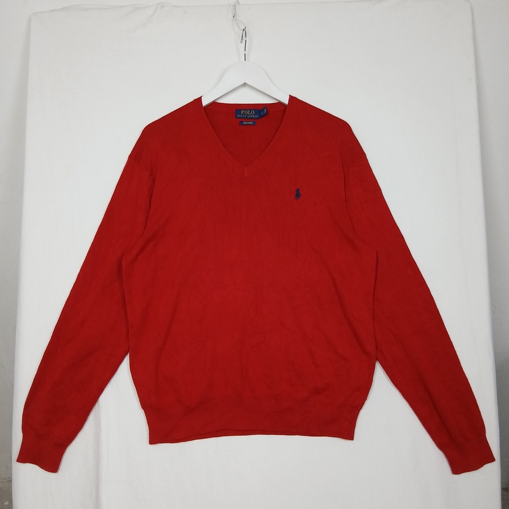 Polo Ralph Lauren Red Pima Cotton V-Neck Sweater Mens Large Navy Pony Logo